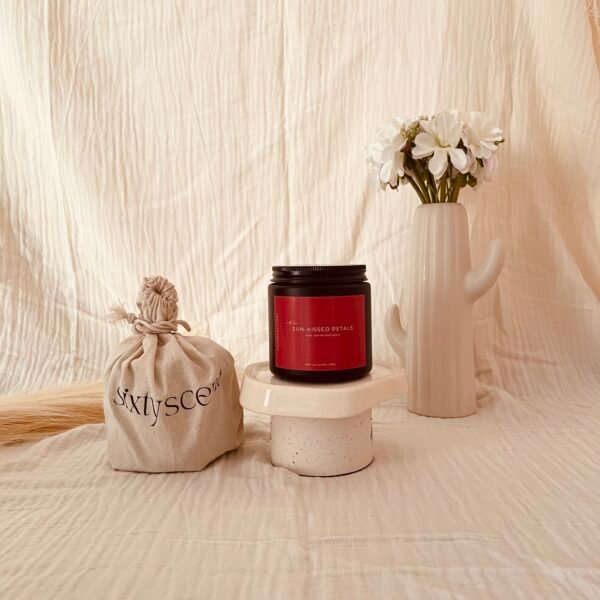Sun-Kissed Petals soy candle combining rose, vanilla, and lemon for a refreshing and bright floral scent experience